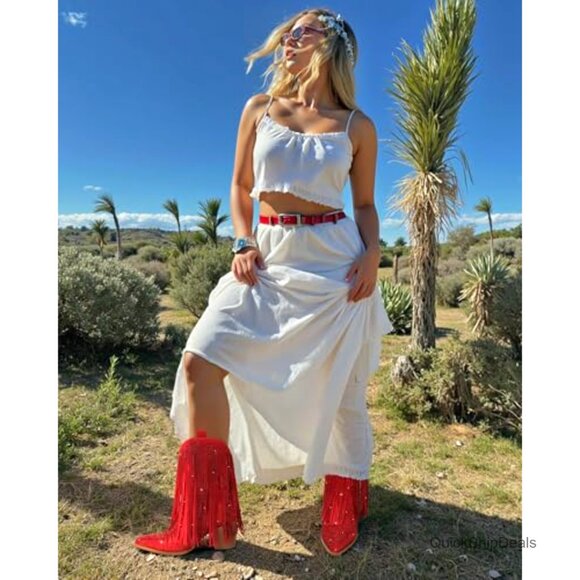 Women's Western Boots with Rhinestones, Fringe, Chunky Heel, Pull-On - Picture 2 of 7